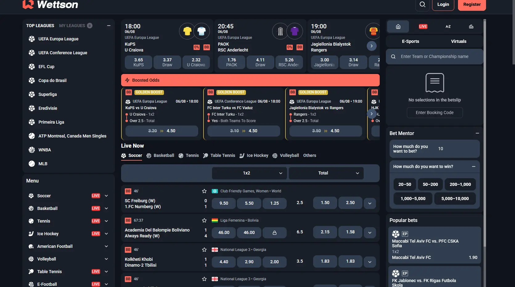 Sportovní sázení Wettson Casino s live kurzy na fotbal a další sporty